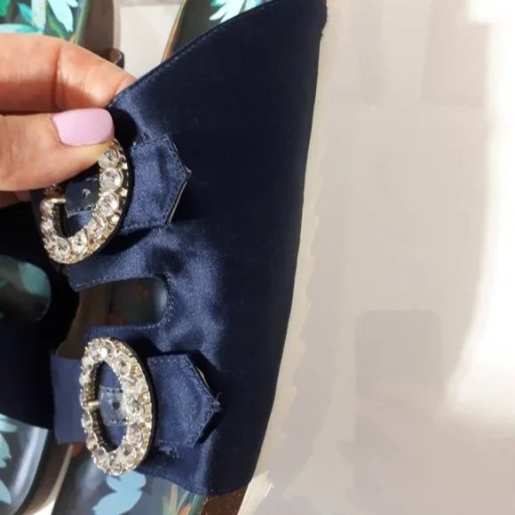 Nine West navy Satin slides with diamanté buckle, "I'll Wait" slide EUC - Picture 6 of 6